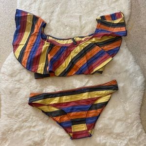 NWOT Lisa Marie Fernandez Bikini (3) Ruffle Top Off Shoulder Stripes
